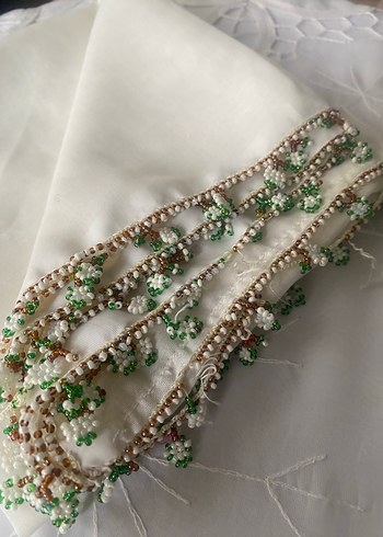 Boncuk İşlemeli Beyaz Bohem Kadın Fuları - Görsel 6