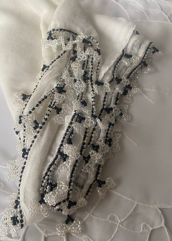 Boncuk İşlemeli Beyaz Bohem Kadın Fuları - Görsel 10