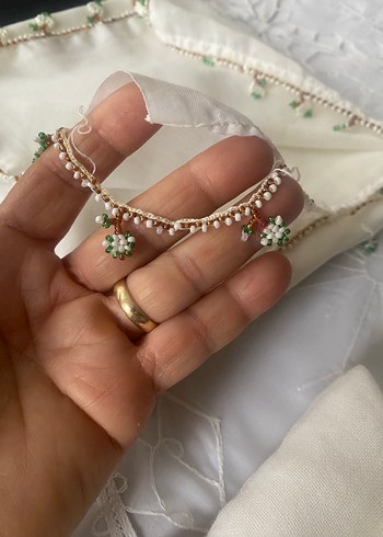 Boncuk İşlemeli Beyaz Bohem Kadın Fuları - Görsel 9