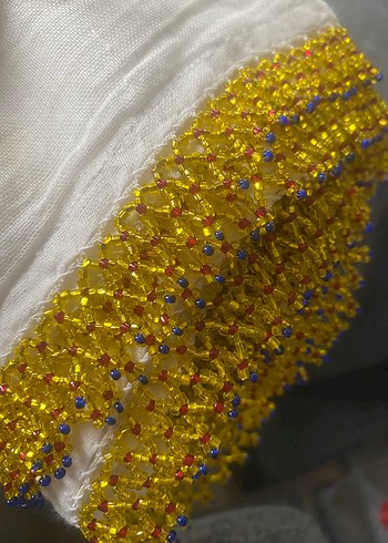 Boncuk İşlemeli Beyaz Kadın Fular - Görsel 3