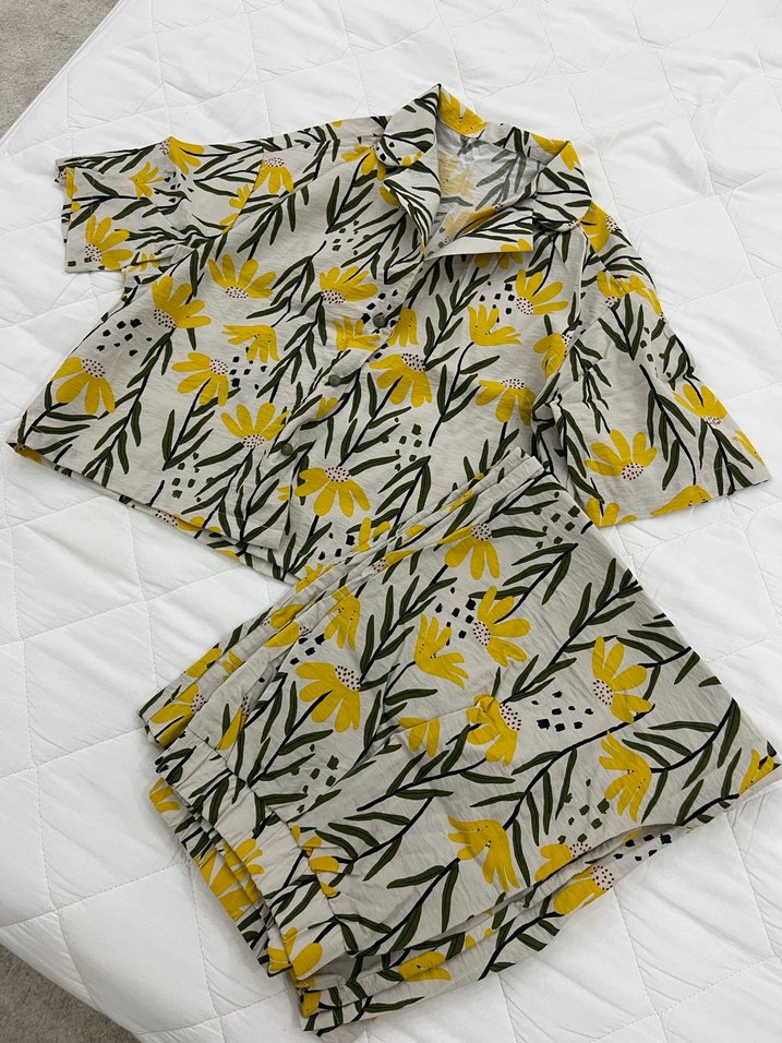 Sarı Çiçek Desenli Bohem Kadın Pijama Takımı - Görsel 2