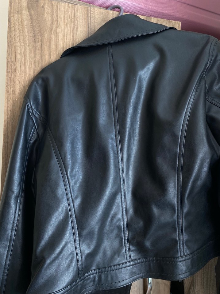 Kadın Siyah Deri Biker Ceket - Görsel 5