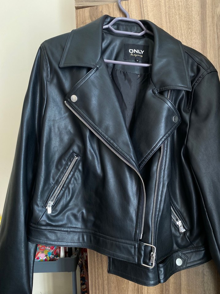 Kadın Siyah Deri Biker Ceket - Görsel 2