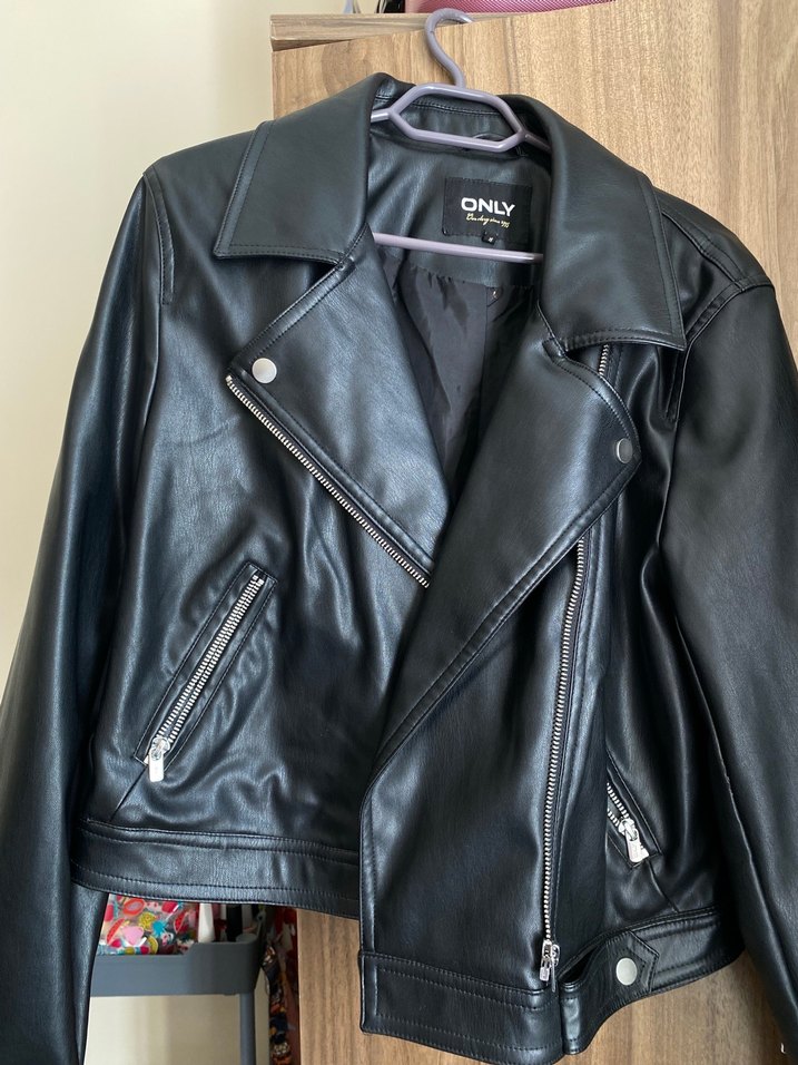 Kadın Siyah Deri Biker Ceket - Görsel 3