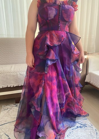 Mor Askısız Uzun Drapeli Kadın Abiye Elbise - Görsel 3