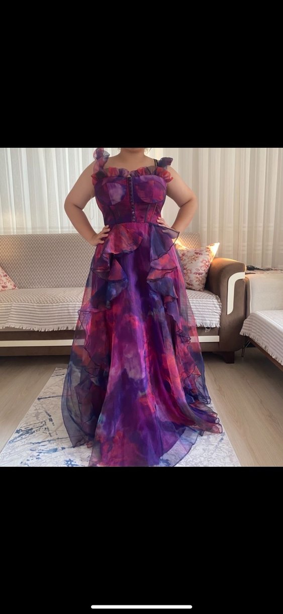 Mor Askısız Uzun Drapeli Kadın Abiye Elbise - Görsel 2