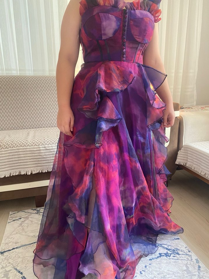 Mor Askısız Uzun Drapeli Kadın Abiye Elbise - Görsel 3