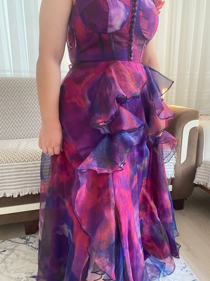 Mor Askısız Uzun Drapeli Kadın Abiye Elbise - Görsel 4