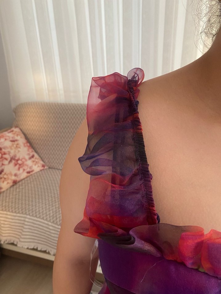 Mor Askısız Uzun Drapeli Kadın Abiye Elbise - Görsel 5