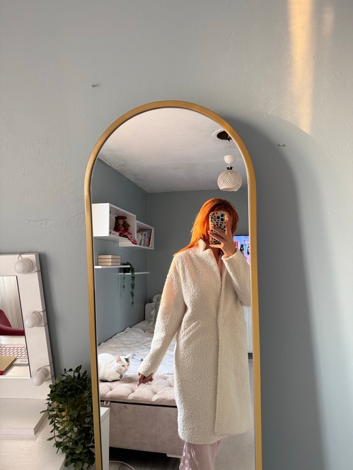 Beyaz Midi Uzun Kollu Kadın Kaban - Görsel 2