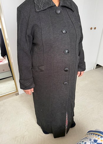 Gri Uzun Düğmeli Kadın Kaban XXXL - Görsel 4