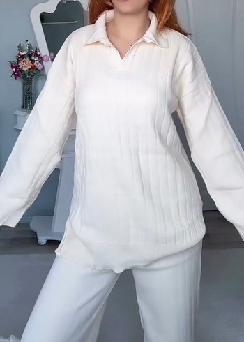 V Yaka Beyaz Triko Kadın Kazak pantolon Takım - Görsel 3