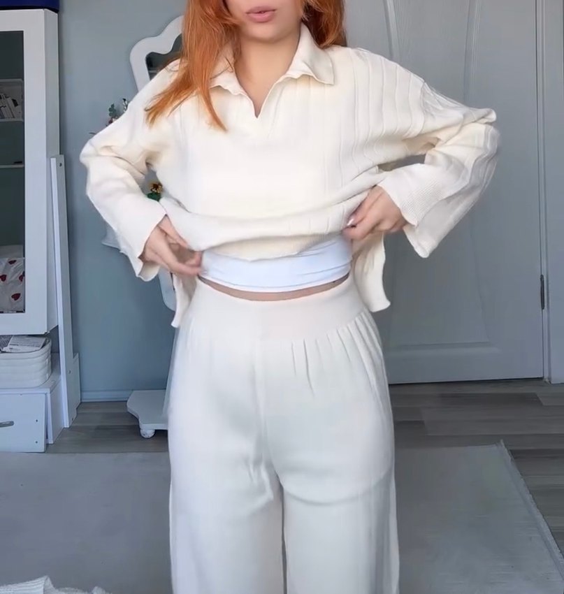 V Yaka Beyaz Triko Kadın Kazak pantolon Takım - Görsel 2