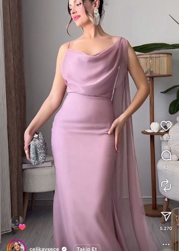 Pudra Pembe Drapeli Uzun Abiye Elbise