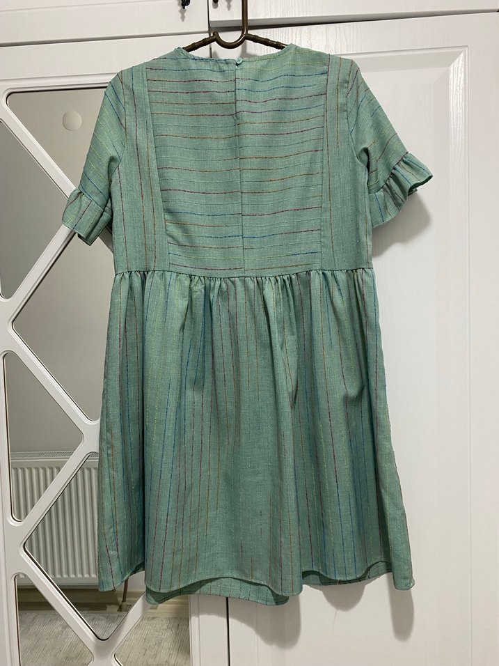 Yeşil Keten Midi Elbise, Kısa Kollu, Pilili - Görsel 2