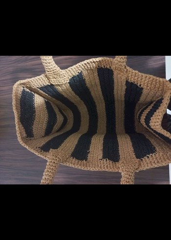 Beden camel Renk Oysho marka modelli siyah hasır renkli Çizgili Örgü Kadın Çanta
