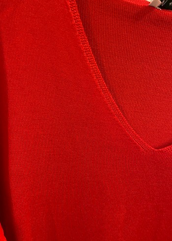 Kadın Kırmızı V Yaka Örgü Triko Kazak S/M/L - Görsel 3