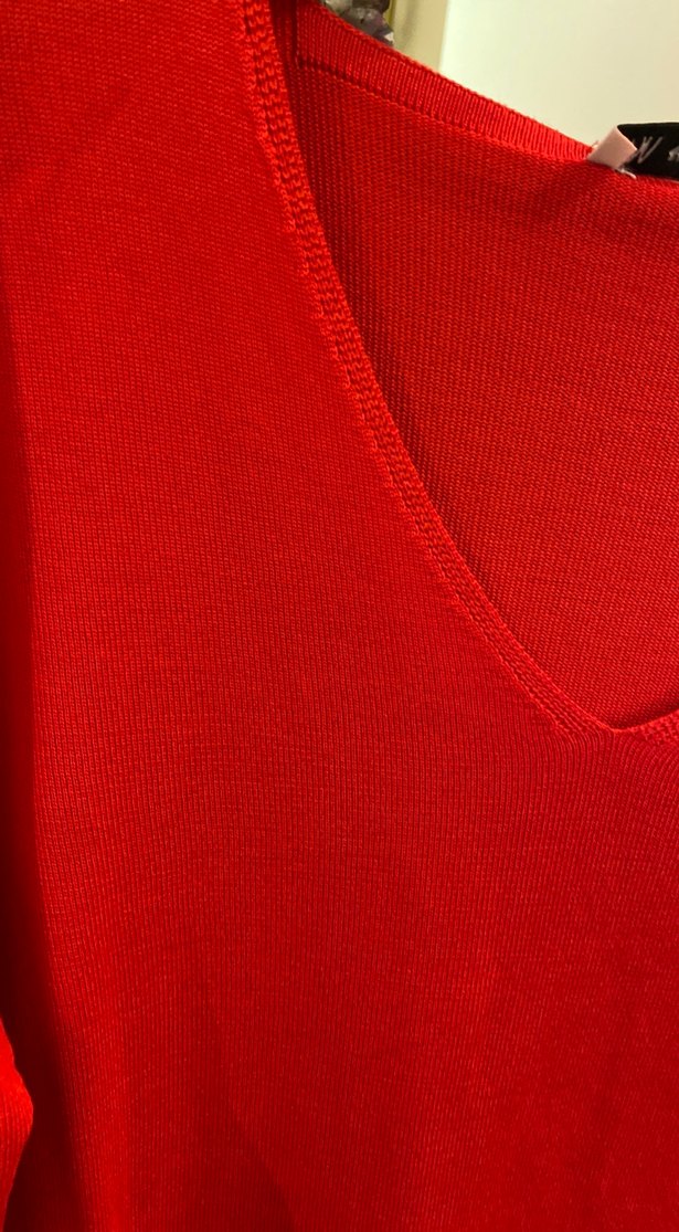 Kadın Kırmızı V Yaka Örgü Triko Kazak S/M/L - Görsel 3