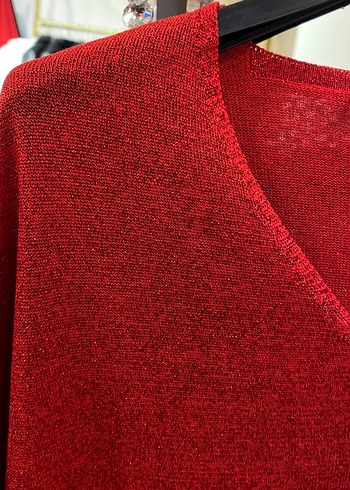 Kadın Kırmızı V Yaka Triko Kazak S/M/L - Görsel 2