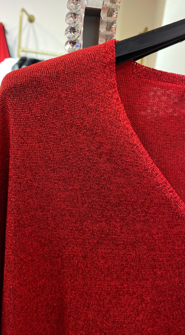 Kadın Kırmızı V Yaka Triko Kazak S/M/L - Görsel 2