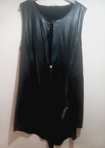 Siyah Deri Salaş Kesim Uzun yelek - Görsel 2