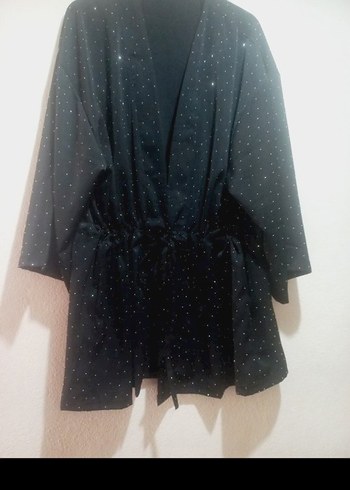 Puantiye Desenli Siyah Midi Kimono - Görsel 5