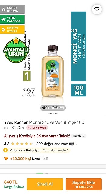 Beden Yves rocher monoi vücut ve saç bakım yağı