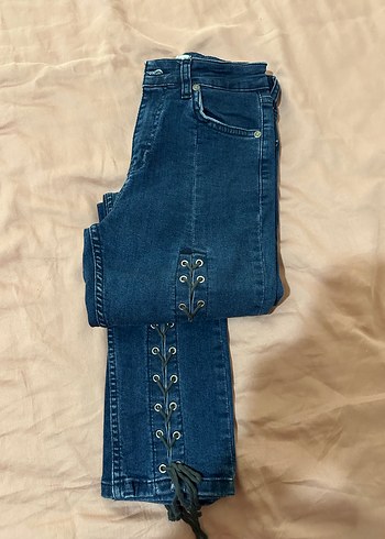 Zara İpli Tokalı Mavi Kadın Kot Pantolon