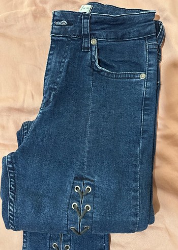 xs Beden İpli Tokalı Mavi Kadın Kot Pantolon