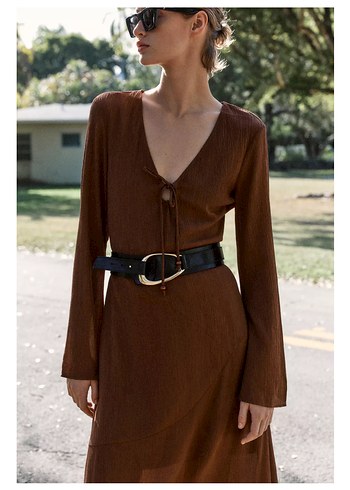 Zara V Yakalı fiyonklu Uzun elbise