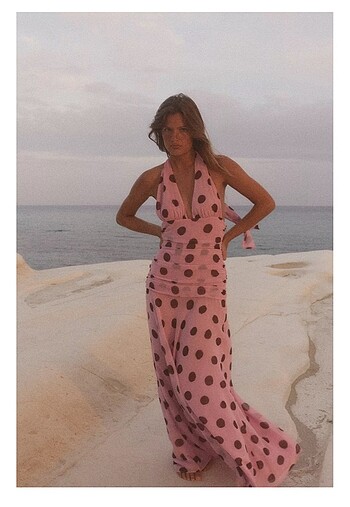 Zara puantiye desenli pembe uzun elbise