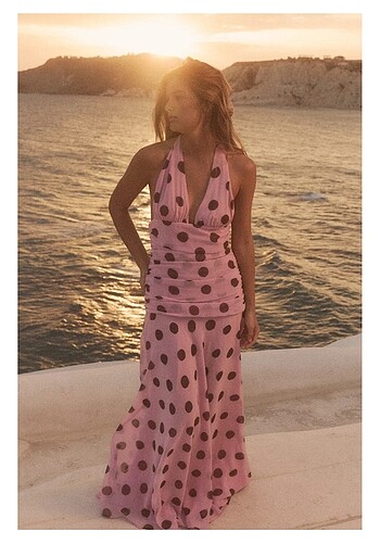 Zara Zara puantiye desenli pembe uzun elbise