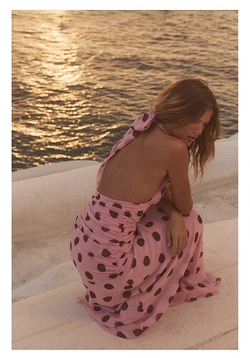 xs Beden Zara puantiye desenli pembe uzun elbise