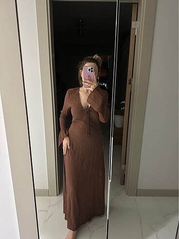 xs Beden kahverengi Renk Zara uzun kollu v yaka uzun elbise