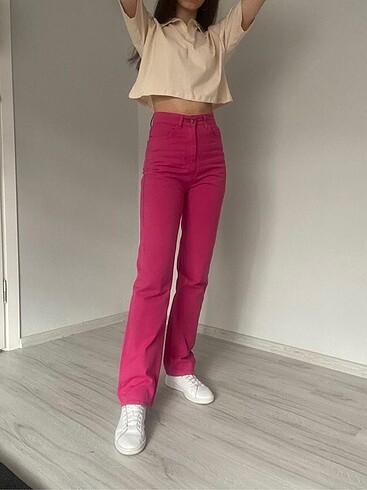 29 Beden pembe Renk Fuşya pembe yüksek bel palazzo jean