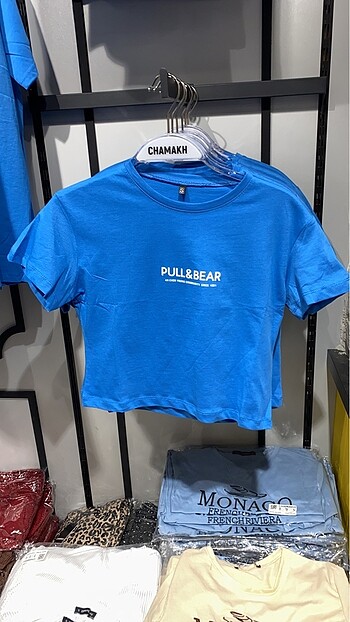 Pull bear yazılı mavi crop tshirt