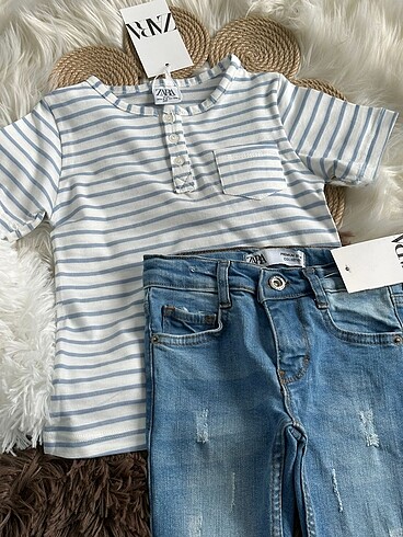 5 Yaş Beden mavi Renk ZARA ÇİZGİLİ TİŞÖRT VE KOT PANTOLON TAKIM