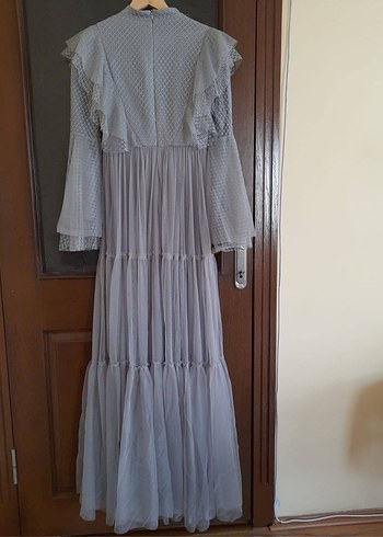 Gri Uzun Bohem Kadın abiye tesettür - Görsel 2