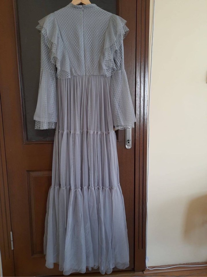 Gri Uzun Bohem Kadın abiye tesettür - Görsel 2