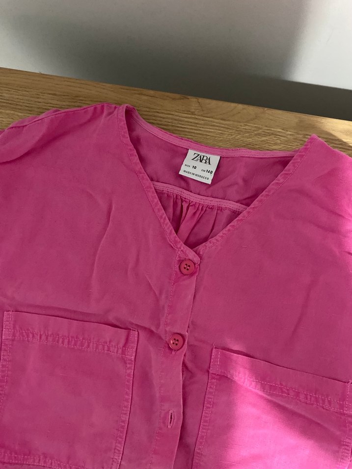 Pembe Keten V Yaka Kısa Kollu Gömlek - Görsel 3