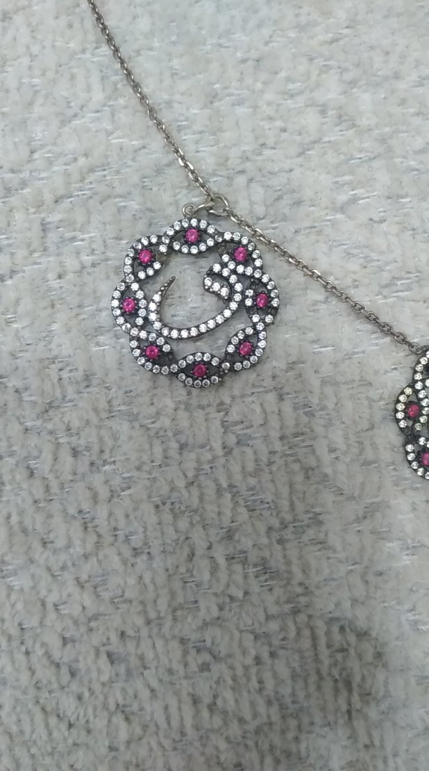 Uzun Zincir Detaylı Gri Nakışlı Kadın Kolye - Görsel 3