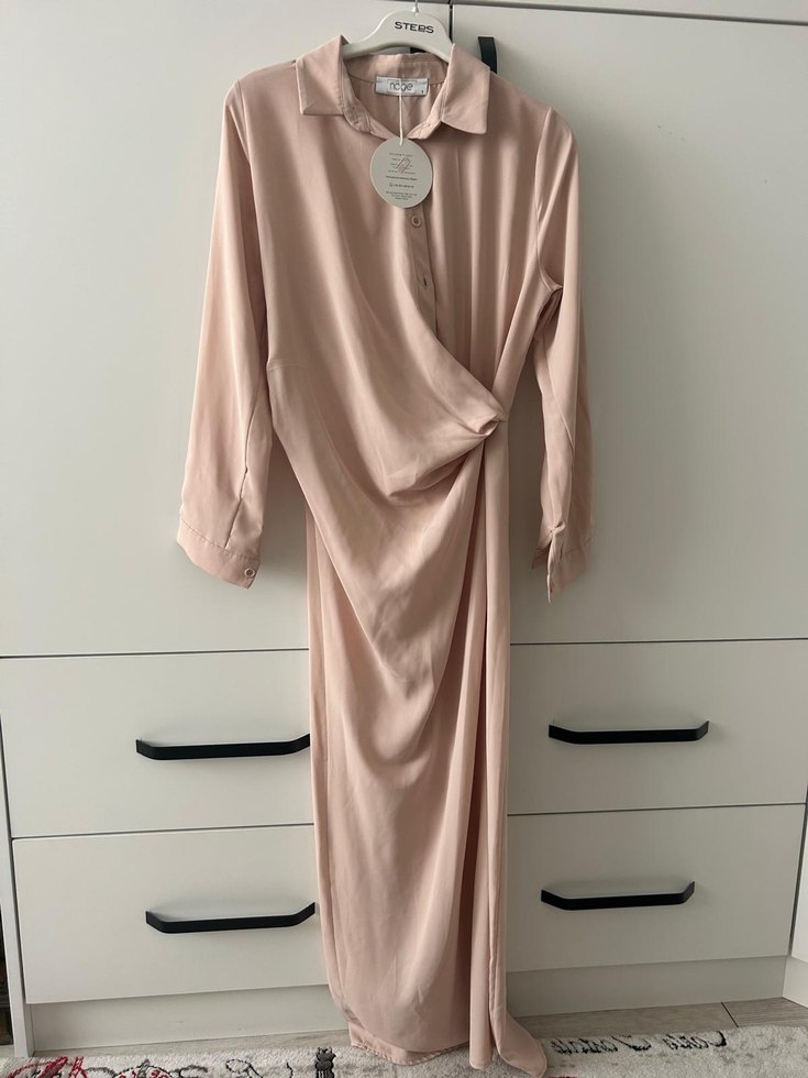 Bej Uzun Kollu Uzun Elbise - Görsel 2