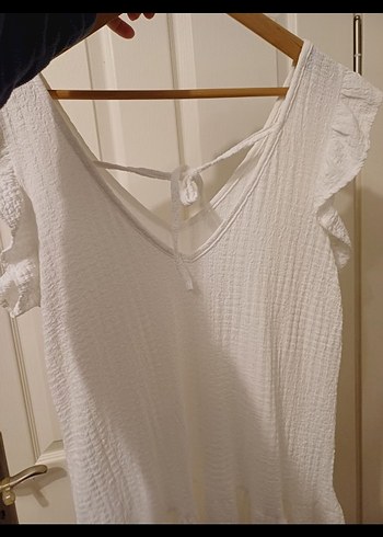 Beyaz Keten Midi Bohem Elbise - Görsel 3