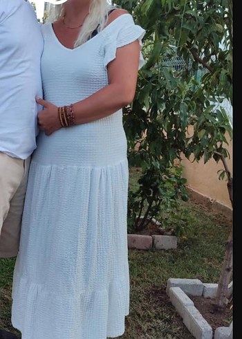 Beyaz Keten Midi Bohem Elbise - Görsel 2