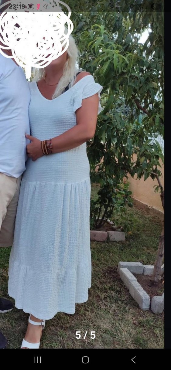 Beyaz Keten Midi Bohem Elbise - Görsel 2