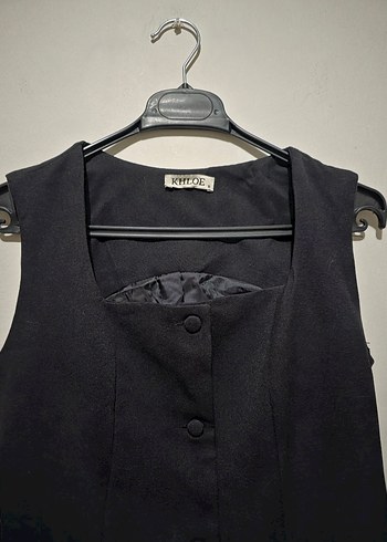 Düğmeli Siyah Mini Kadın Yelek Elbise - Görsel 2