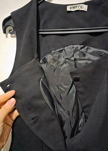 Düğmeli Siyah Mini Kadın Yelek Elbise - Görsel 3