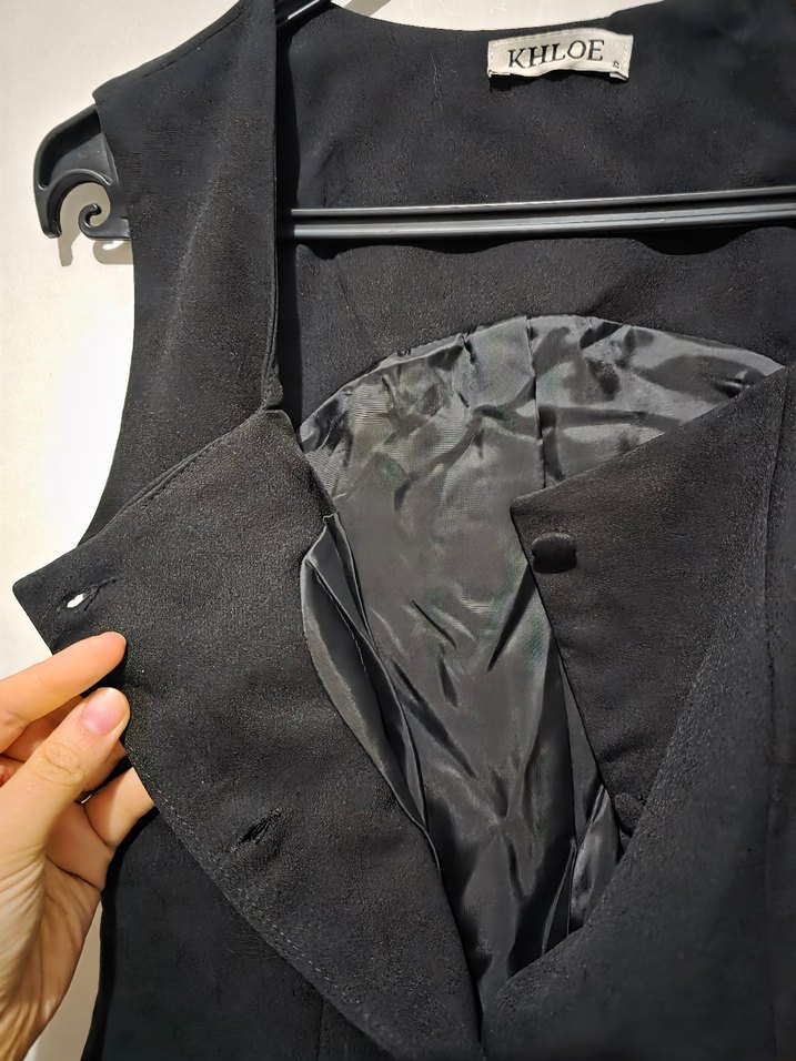 Düğmeli Siyah Mini Kadın Yelek Elbise - Görsel 3