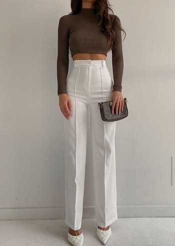 Kadın Beyaz Kemerli Midi Kumaş Pantolon - Görsel 2