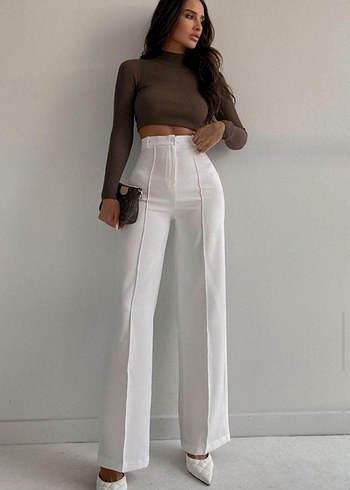 Kadın Beyaz Kemerli Midi Kumaş Pantolon - Görsel 4